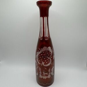 Vintage Bohemian Cranberry Glass Decanter Etched Deer Scenic 12" MCM